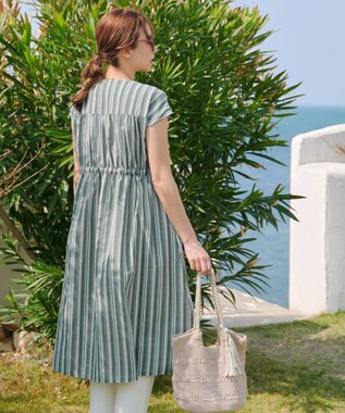 Tiaclasse 【洗える】麻調前開きフレンチワンピース グリーンストライプ