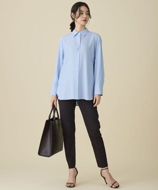 自由区 L ドレープブロード シャツブラウス サックス×白ライン