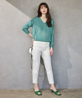 ICB 【WEB限定カラーあり・洗える】ペーパーブレンドシャインニット Vネックプルオーバー ジェイド系