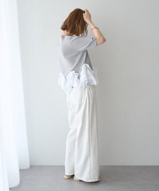 YECCA VECCA パール釦ラッフル5分袖カーディガン Gray mixture