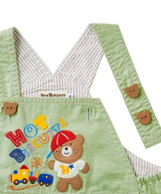 MIKI HOUSE HOT BISCUITS 【70-110cm】 レトロ ロゴ刺繍 オーバーオール ストームグリーン