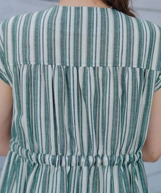 Tiaclasse 【洗える】麻調前開きフレンチワンピース グリーンストライプ