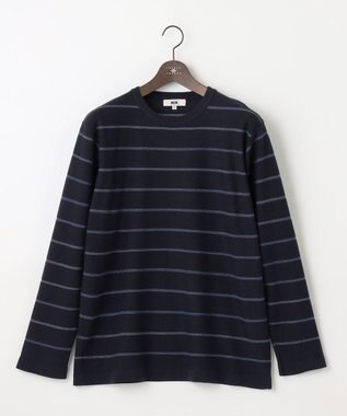 JOSEPH ABBOUD 【キングサイズ・洗える】コットンカスリボーダー クルーネック ニット ネイビー系2