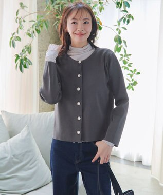 Tiaclasse L 【洗える】スポンジニットパールボタンカーディガン チャコールグレー