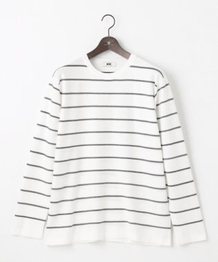  【キングサイズ・洗える】コットンカスリボーダー クルーネック ニット