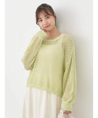 earth music&ecology スパンコールショートゆるニット Lime Green