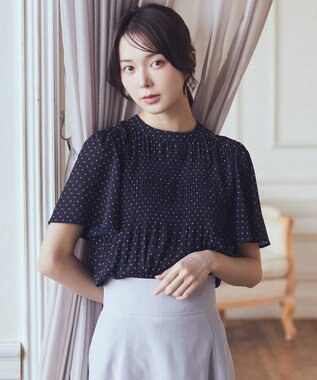 earth music&ecology マジョリカプリーツ半袖ブラウス Dot Navy