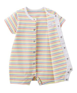 MIKI HOUSE HOT BISCUITS 【70-80cm】 みじんボーダー ワンポイント刺繍 ショートオール マルチカラー