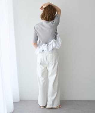 YECCA VECCA パール釦ラッフル5分袖カーディガン Gray mixture