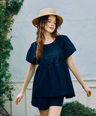 San-ai Resort（三愛水着楽園） 【UPF50＋】　パフスリーブキュロット3点セット　9M・11L　【San-ai Resort（サンアイリゾート）】 ブラック