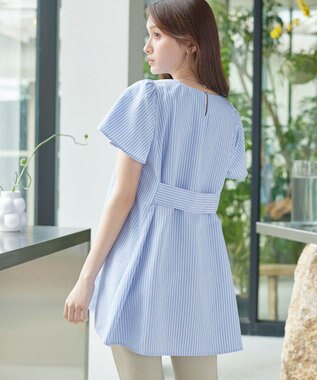 Tiaclasse L 【おのののかさん着用】半袖＆七分袖選べる袖丈バックフレアチュニック 半袖サックスストライプ