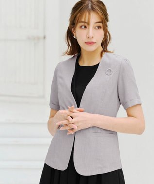 Tiaclasse 【洗える】  麻調半袖ジャケット グレージュ