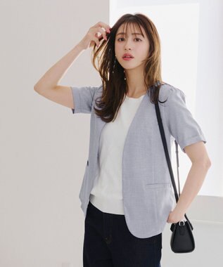 Tiaclasse 【洗える】  麻調半袖ジャケット サックスグレー