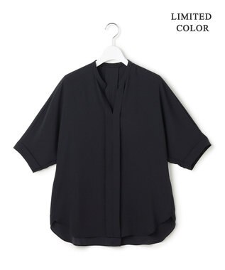 ICB 【新色追加・WEB限定カラーあり】BackSatinAmunzen 5分袖キーネックブラウス ネイビー［WEB限定］