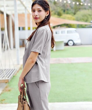 Tiaclasse 【洗える】  麻調半袖ジャケット グレージュ