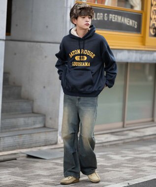 WEGO 【ユニセックス着用ITEM/裏起毛】カレッジロゴボアパーカー ネイビー