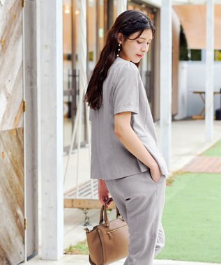 Tiaclasse 【洗える】  麻調半袖ジャケット グレージュ