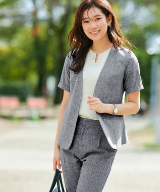 Tiaclasse 【洗える】  麻調半袖ジャケット チャコールグレー