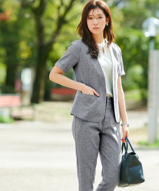 Tiaclasse 【洗える】  麻調半袖ジャケット チャコールグレー