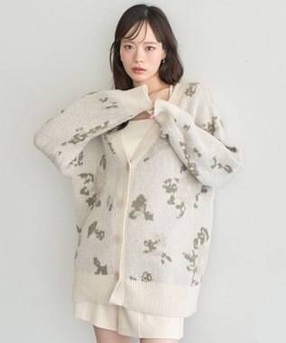earth music&ecology フラワージャガードラメシャギーカーディガン Ivory