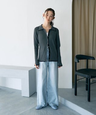 earth music&ecology バイカラートリムロングニットカーディガン Charcoal Gray