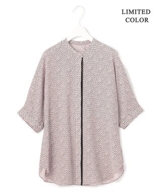 ICB L 【人気のため新色追加・接触冷感・UVケア・速乾・洗える】BackSatinAmunzen 5分袖バンドカラーブラウス ヘイズピンク柄系［WEB限定］