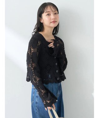earth music&ecology クロシェ風カーディガン Black