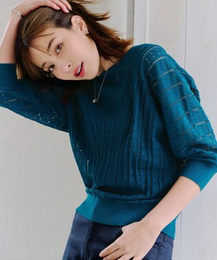 Tiaclasse 【洗える】透かし編みドルマンニットトップス ターコイズ