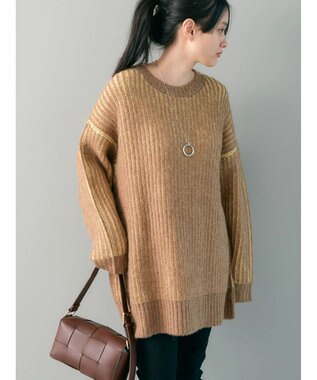 AMERICAN HOLIC バイカラー片畦ニットチュニック Mocha