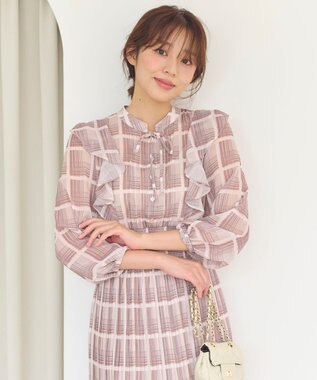 Feroux 【洗える】プリーツ ワンピース ダークブラウン系（チェック柄）