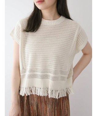 Green Parks 裾フリンジメッシュニットプルオーバー Off White