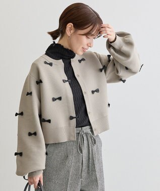 Green Parks ・ｓｗｉｎｇ　ｂｙ　メニーリボンニットカーディガン Gray Beige