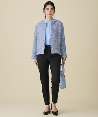 自由区 ファンシーノットツイードノーカラー ジャケット ブルー