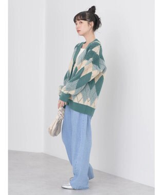 earth music&ecology ループ編みアーガイルカーディガン Green