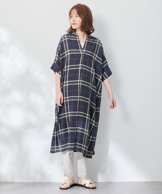 ANY L フレンチリネンシャツワンピース ネイビーチェック