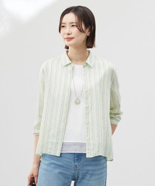 J.PRESS LADIES S 【洗える】ランダムストライプ シアー シャツカラー カットソー ライムストライプ系