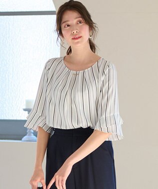 ANY SIS S 【洗える】ラッフルフレアジョーゼット ブラウス ネイビーストライプ