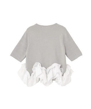 YECCA VECCA パール釦ラッフル5分袖カーディガン Gray mixture