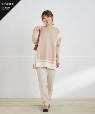 Tiaclasse 【新色追加・洗える】配色ニットチュニック ベージュ×アイボリー