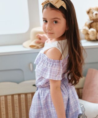 ANY KIDS オフショルダー フリル ブラウス ラベンダー系チェック