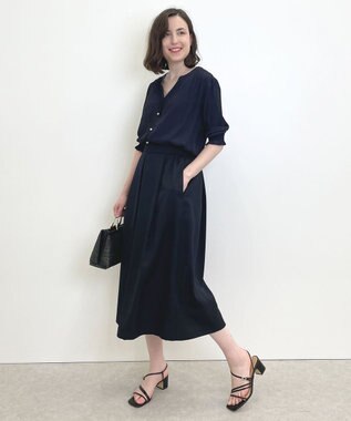 自由区 【接触冷感・速乾・UVカット・撥水・防シワ】リネンライクツイル タックスカート ネイビー系