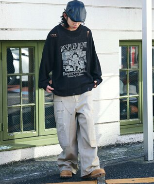 WEGO グラフィックダメージニットプルオーバー ダークグレー