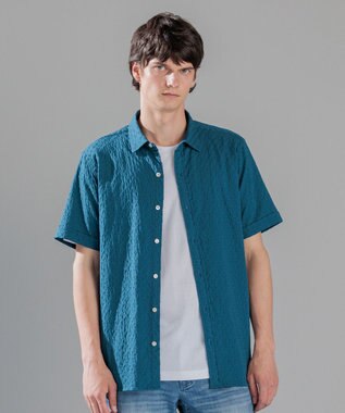 JOSEPH HOMME パターンジャガードストレッチ  /  レギュラーカラー半袖シャツ ダルブルー系