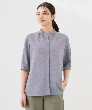 J.PRESS LADIES S 【洗える】アセVis ギンガム フリル襟 ブラウス ネイビー系3