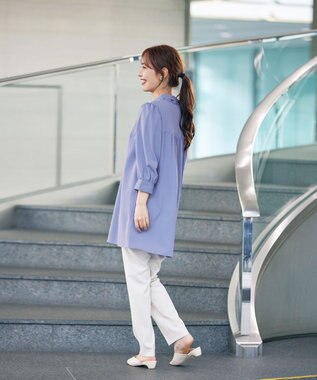 Tiaclasse L 【洗える】配色ボウタイパフ袖チュニックブラウス サックス