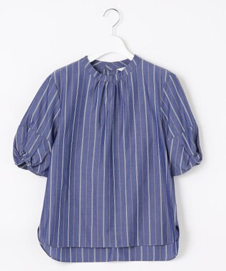 J.PRESS LADIES 【洗える】 セルロース タイプライター ストライプ スタンドカラー ブラウス ネイビー系1