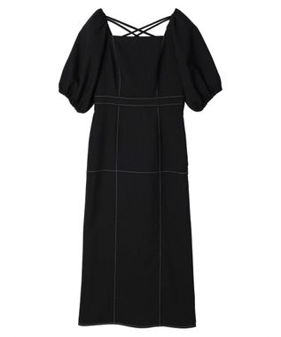 earth music&ecology 配色ステッチパフスリーブワンピース Black
