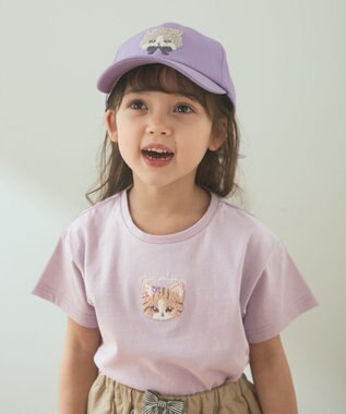 ANY KIDS オーガビッツアニマルサガラ刺繍Ｔシャツ ラベンダー×ネコ