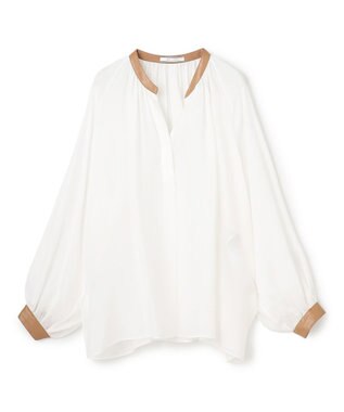 BEIGE， PAULINE / リネンヴィスコースフェイクレザー配色ブラウス White