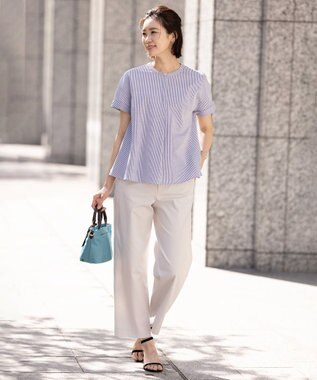 J.PRESS LADIES 【洗える・抗菌防臭・吸水速乾】サッカージャージー フレンチスリーブ カットソー オフ×ブルー系